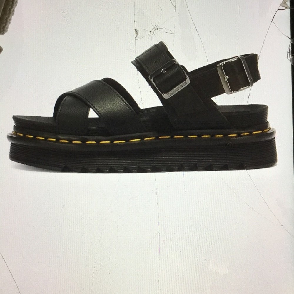 Dr. Martens Black Leather Cross-Strap Buckle Sandals
